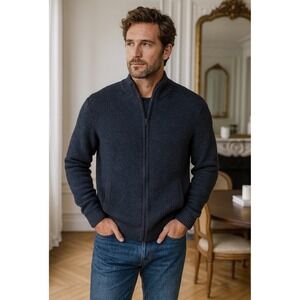 London Fog Men's Large  Blue Waffle Knit Full Zip‎ Mock Neck Sweater Grandpa